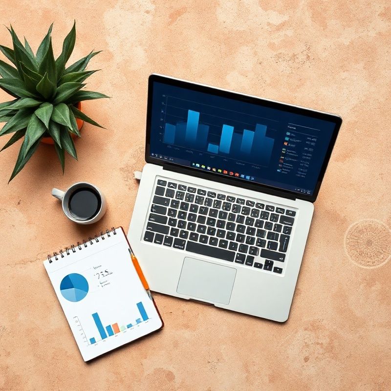 Analitički workflow: laptop s interaktivnim grafovima i bilježnica na stolu