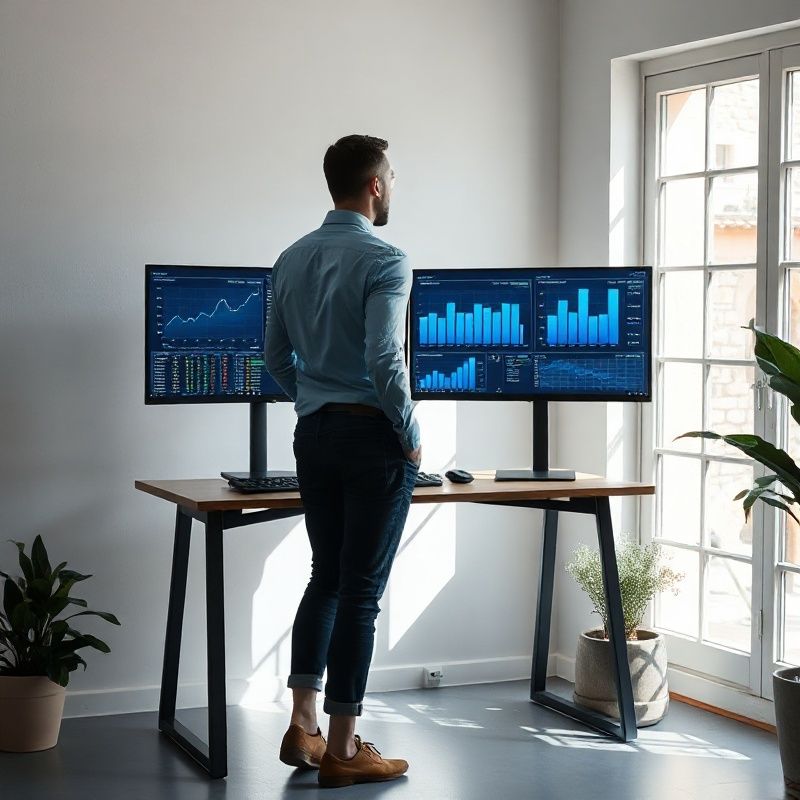 Osoba za standing deskom s dvama monitorima koji prikazuju indigo dashboarde